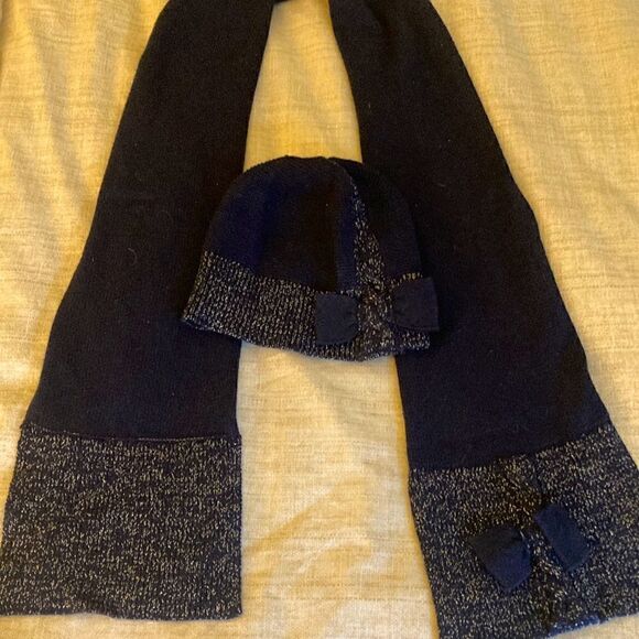 Jacadi Girls Matching Embellished Scarf & Hat Set in Navy / Gold Metallic. - Picture 1 of 8